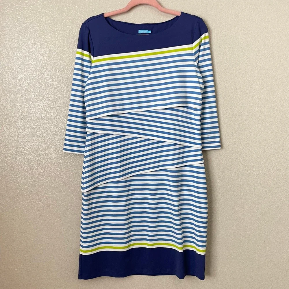 J. McLaughlin Dress Womens Large Blue Catalina Cloth Striped 3/4 Sleeve‎ Layered